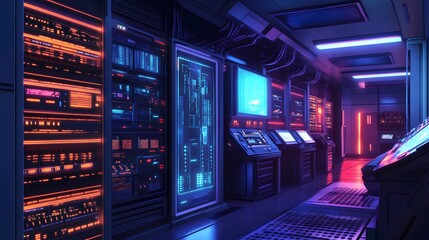 Obraz premium Futuristic Server Room with Vibrant Neon Lighting and High-Tech Panels