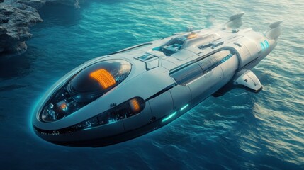 Futuristic submarine vessel gliding above underwater rocks in deep ocean waters.