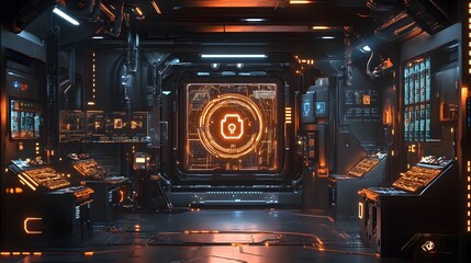 Obraz premium Futuristic Control Room with Orange Accents and High-Tech Displays