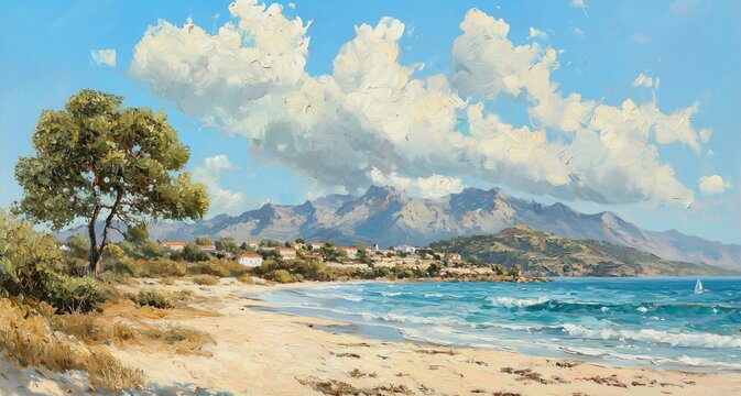 A picturesque beach scene with mountains in the background..