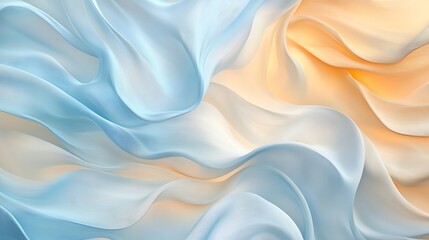 Obraz premium Elegant and calming abstract illustration of flowing chiffon waves in light blue and beige. Soft curves create a tranquil composition. Ideal for designs needing a peaceful and graceful aesthetic.