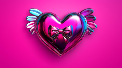 Pink iridescent heart with wings and bow.