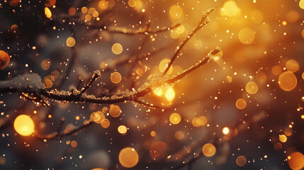 Snowy branch with warm bokeh lights in the background..