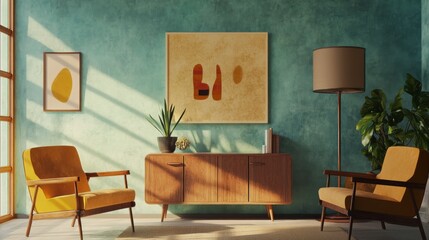 Mid-century modern living room with vintage furniture, artwork, and plants.