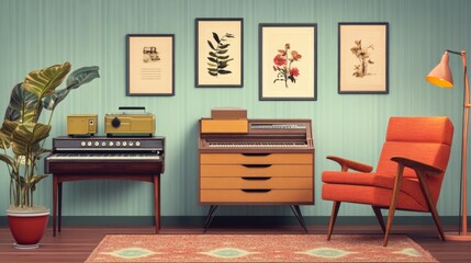 Mid-century modern living room with vintage furniture, plants, and artwork.