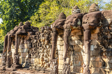 Terrace of elephants ceremonial wall of hindu sculptures, Angkor Thom Archaeological Park, Siem...