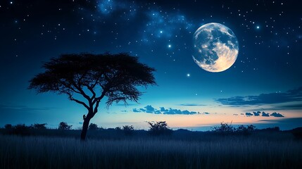 Fototapeta premium Stunning night sky over African savannah with full moon, stars, and tree silhouette. Ideal for nature, safari, and travel concepts. Space for text, versatile for various designs.