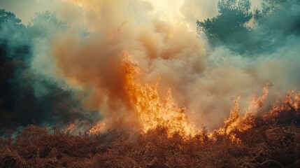 Fototapeta premium A dramatic scene of wildfires consuming the landscape. Bright flames rise into thick smoke clouds above. This image captures the power of nature. Generative AI