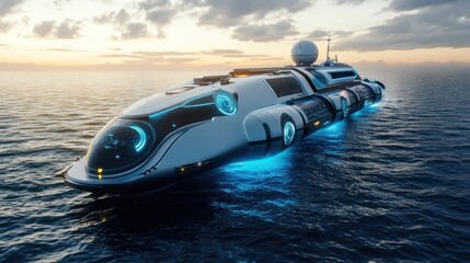 Futuristic spaceship or submarine glides across the ocean at sunset.