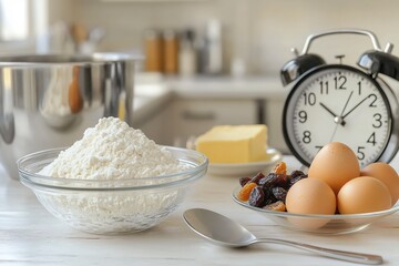 Fototapeta premium Baking Ingredients and Kitchen Clock, Bright Indoor Setting, Cooking Preparation