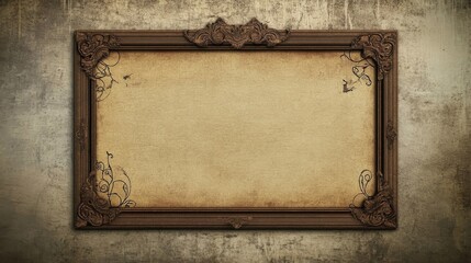 Ornate frame with aged paper on grunge wall.