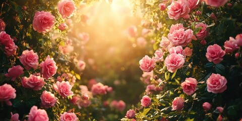 Pink Roses Blooming In Sunlight Garden