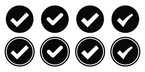 Checkmark icon set. Check box icon with correct, accept checkmark icon tick box. Check list circle frame. Checkbox symbol sign.