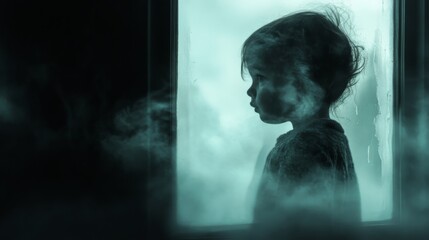 Fototapeta premium Silhouette of a child by a foggy window.