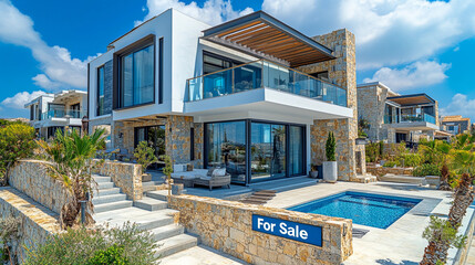 Main facade of a luxurious modern style house, very diaphanous, with the for sale sign