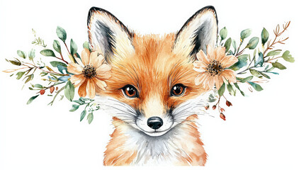 Obraz premium Cute baby fox with wildflowers, watercolor style on white background