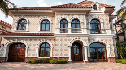 Two-Story House with Arched Windows and Stucco Exterior