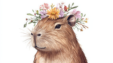 Capybara with floral crown, surrounded by greenery and blossoms, exudes charm