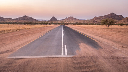 The beginning or end of a paved road in Namibia