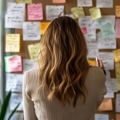 Woman writes on bulletin board papers