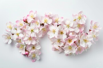Fototapeta premium Bright pink cherry blossoms arranged in a heart shape. Nature-focused still life photograph with soft focus in the background.