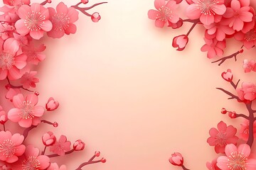 Chinese New Year paper-cut style illustration with red and pink cherry blossoms on the left. Pink color palette, ideal for festive designs. Center space for text. Perfect for Chinese New Year themes.