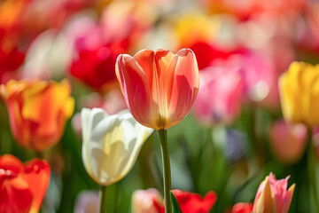 Field of flowers with a single pink flower in the middle