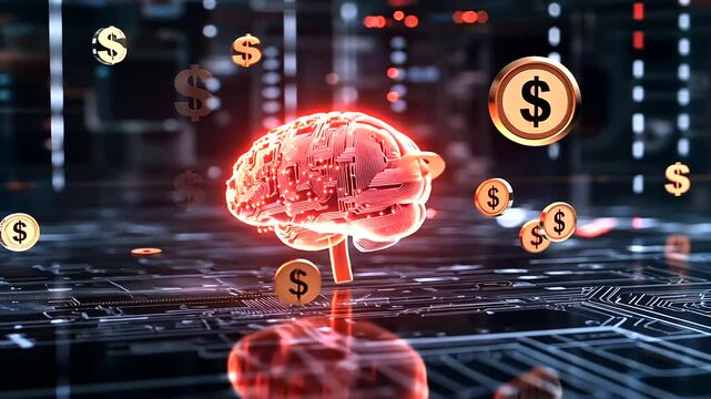 A glowing brain with circuits integrated into its design, surrounded by floating coins and financial data, symbolizing the power of AI in wealth creation
