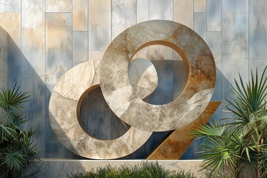 Large, round sculpture with the number 9 on it is displayed in front of a wall. The sculpture is made of stone and has a unique, abstract design. The surrounding area is filled with greenery
