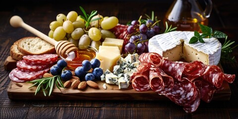 Variety of cheeses, meats, fruits and drinks