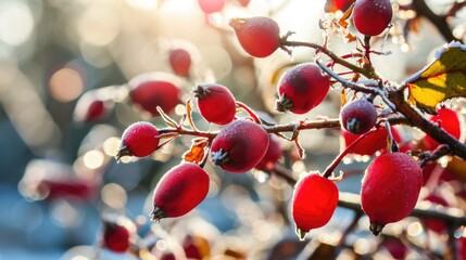 Icy berry clusters in the morning frost.