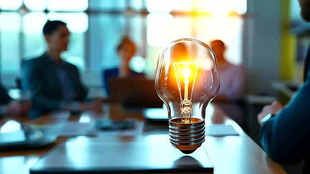 A businesswoman enthusiastically presenting a new product idea to her team in a bright conference room, with a light bulb icon floating in the background as a symbol of creativity