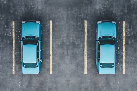 Two blue cars are parked in a parking lot. The cars are parked next to each other and are in a parallel parking spot