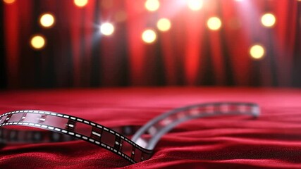 A close-up of a film strip with visible frames, set against a red velvet theater background with glowing highlights