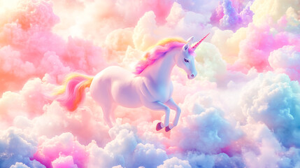 Naklejka premium Holographic fantasy background featuring a whimsical rainbow unicorn amidst fluffy clouds