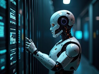 Robot interacts with digital interface in a high-tech environment showcasing advanced technology and innovation during late evening hours