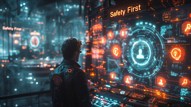 A futuristic "Safety First" holographic projection in front of a businessman, glowing icons for health, compliance, and verification, tranquil yet high-tech office backdrop with neon highlights, cinem