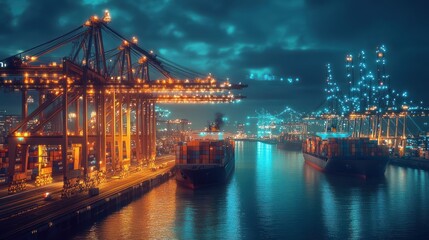 Obraz premium Night port with cargo ships and cranes.