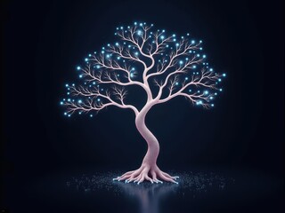 Glowing digital tree with intricate branches illuminates a dark space, showcasing a blend of nature...