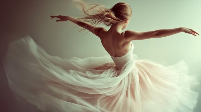Ballerina in flowing gown, arms outstretched, back view, dynamic pose.