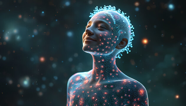 Divine Perfection Within. A glowing figure with intricate light patterns representing their body’s cells. The cosmic background and serene expression symbolize recognition of divine perfection.