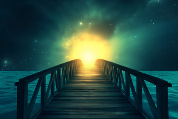 A metaphorical bridge or path leading into a radiant, peaceful horizon