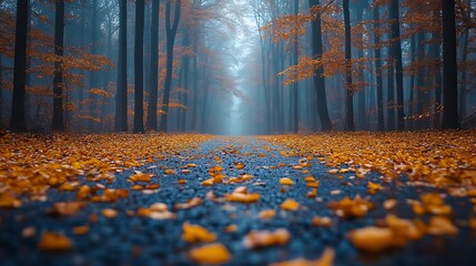 Vibrant Golden Leaves Creating a Scenic Atmosphere Along Autumn Forest Image