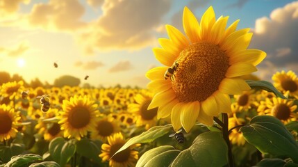 Obraz premium Sunflowers Bees Sunset Golden Field Nature