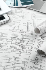 ArchitectТs deskdetailed blueprints, sketches,drafting tools.professional workspace showcasing the creative process of architectural design, planning, and innovation. Ideal. industry-themed visuals