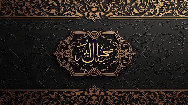 Black and gold background with Arabic writing that says "Sala Allah". The image has a religious theme and is likely meant to convey a sense of reverence and respect for Allah