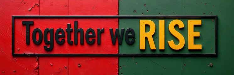 Colorful wooden sign with "Together We Rise" text in black and yellow, concept of resilience and Black History Month