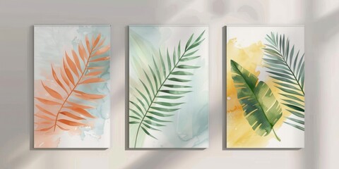 Set of three abstract prints featuring palm leaves in autumn colors. Perfect for modern gallery walls or coastal living spaces.