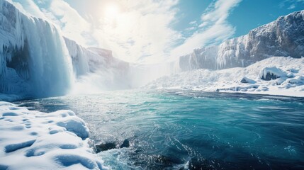 Frozen waterfall is reflected in the water of a river. The sky is clear and bright, and the water is calm. The scene is serene and peaceful, with the beauty of nature on full display
