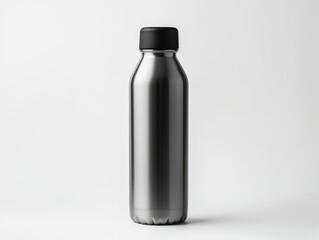 Naklejka premium A shiny silver stainless steel reusable water bottle with a black cap.